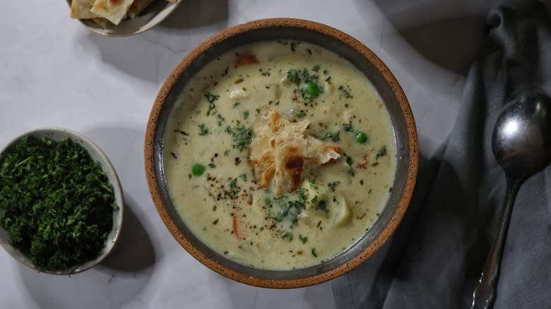 bowl of chicken pot pie soup