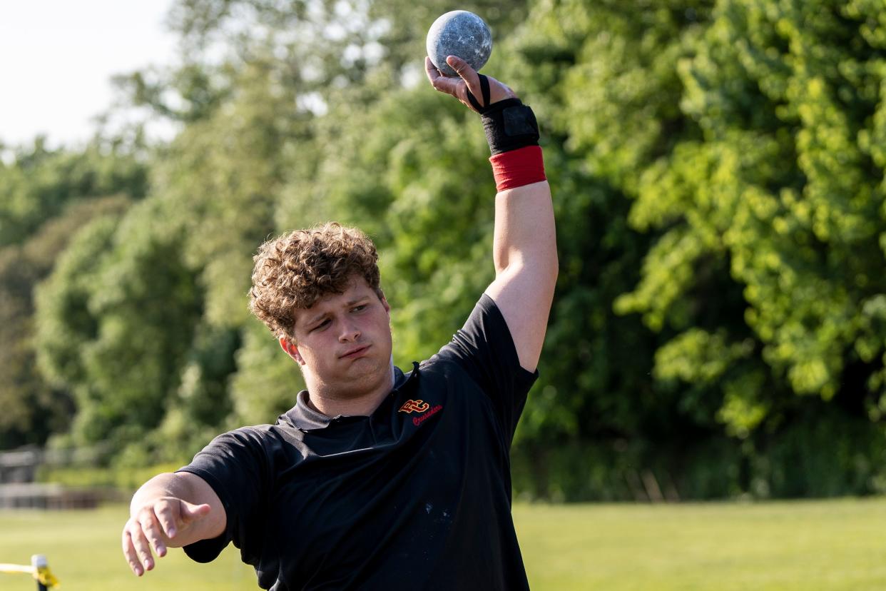 Benjamin Shue from Bergen Catholic competes in the boys shot put during the Lou Lanzalotto Bergen Meet of Champions at Hackensack High School on Friday, May 19, 2023. 