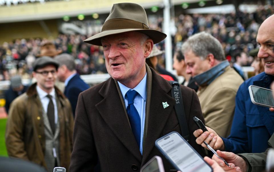 Trainer Willie Mullins is interviewed after sending out State Man to win the Unibet Champion Hurdle Challenge Trophy after victory with on day one of the Cheltenham Racing Festival at Prestbury Park in Cheltenham, England