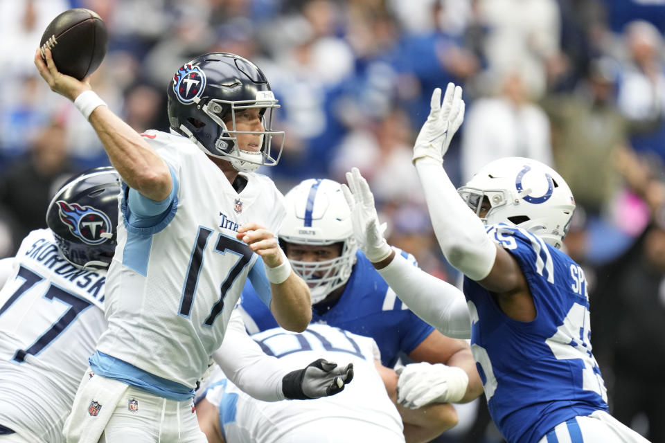 Tennessee Titans quarterback Ryan Tannehill (17) looks to throw a pass against the Indianapolis Colts during the first half of an NFL football game, Sunday, Oct. 8, 2023, in Indianapolis. (AP Photo/Michael Conroy)