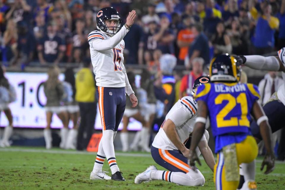 Chicago Bears kicker Eddy Pineiro lines up a kick against the Los Angeles Rams during the first half of an NFL football game Sunday, Nov. 17, 2019, in Los Angeles. (AP Photo/Mark J. Terrill)