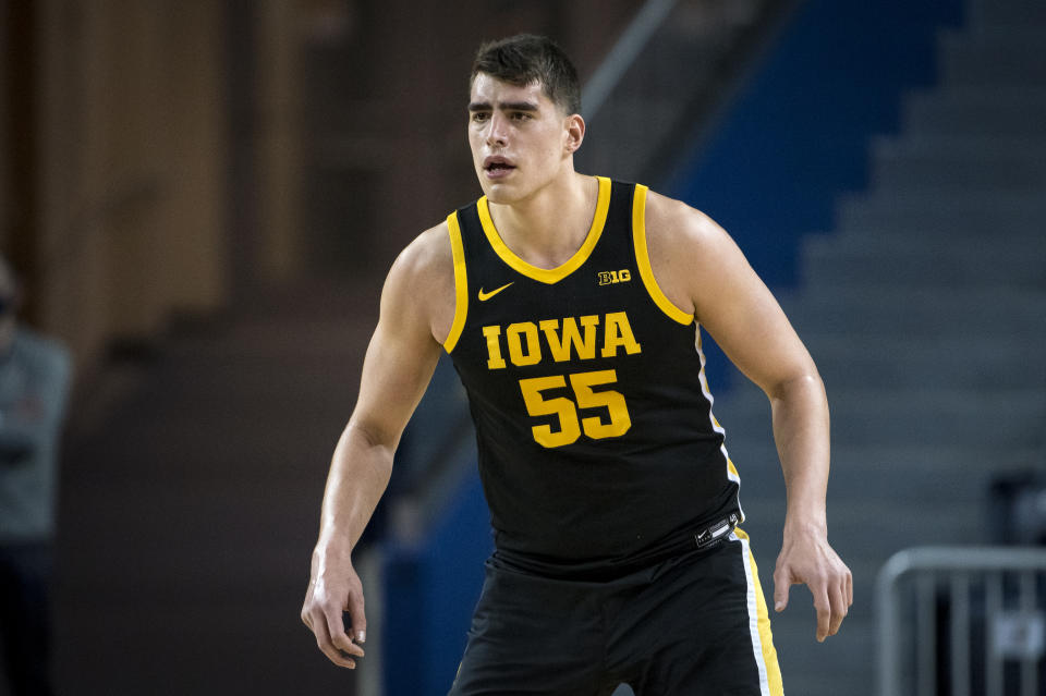 ANN ARBOR, MICHIGAN - FEBRUARY 25: Luka Garza #55 of the Iowa Hawkeyes looks on during the first half against the Michigan Wolverines at Crisler Arena on February 25, 2021 in Ann Arbor, Michigan. (Photo by Nic Antaya/Getty Images)