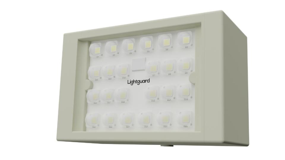 The Lightguard Security System is a white plastic box framing a stacked array of sensors.