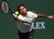 Mar 18, 2018; Indian Wells, CA, USA; Roger Federer (SUI) during the Men's Final match against Juan Martin Del Potro (not pictured) in the BNP Paribas Open at the Indian Wells Tennis Garden. Mandatory Credit: Jayne Kamin-Oncea-USA TODAY Sports