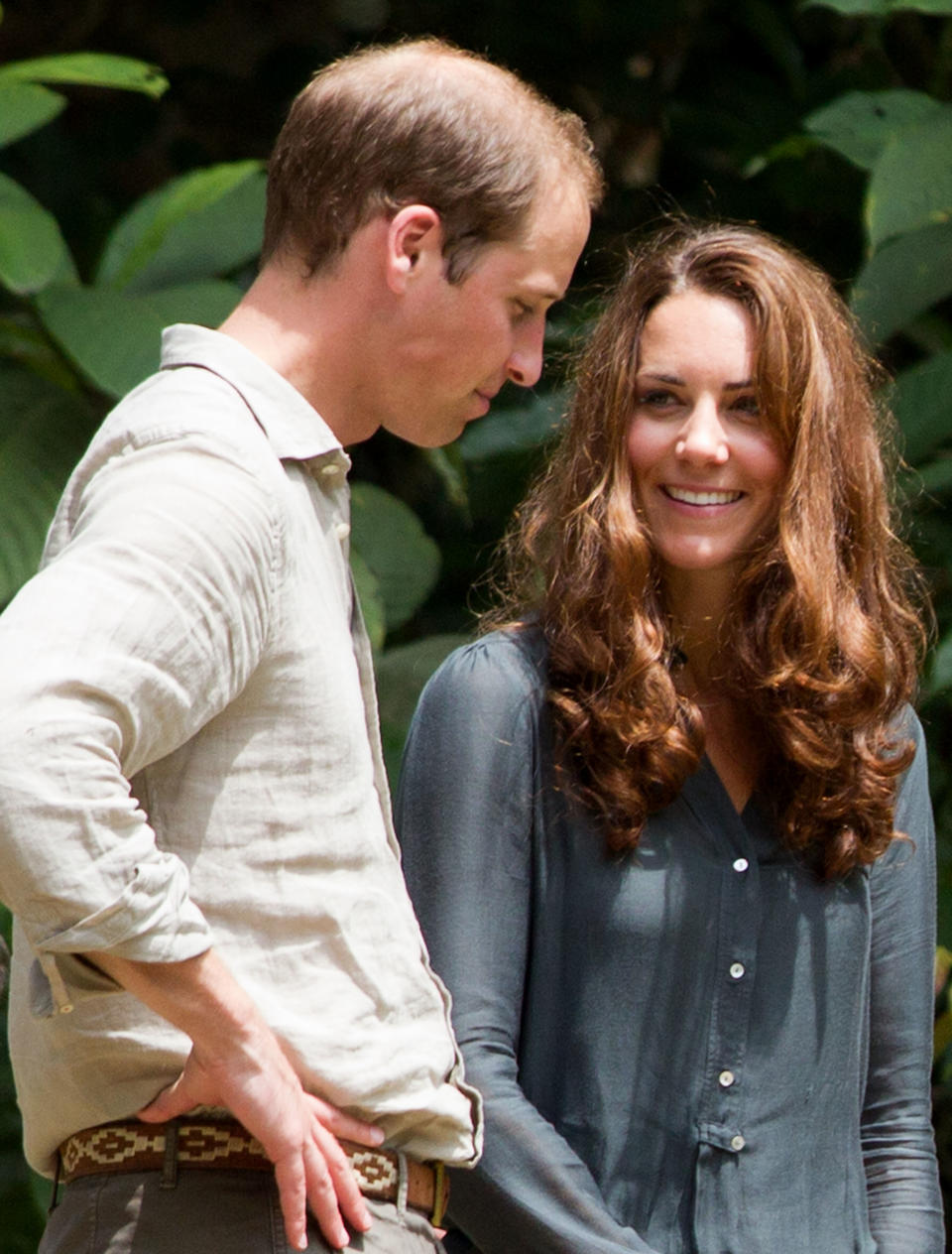 Britain's Prince William, left, and Kate, the Duchess of Cambridge speak to each other during their visit at the Borneo Rainforest Lodge in Danum Valley, some 70 kilometers (44 miles) west of Lahad Datu, on the island of Borneo Saturday, Sept. 15, 2012. (AP Photo/Mohd Rasfan, Pool)