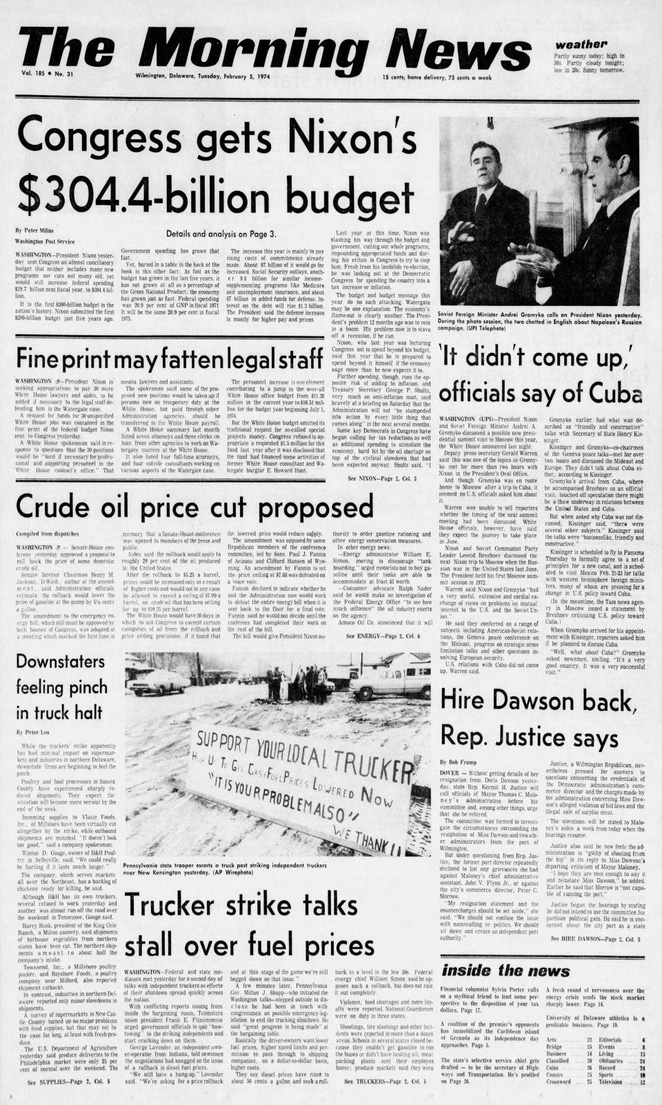 Front page of The Morning News from Feb. 5, 1974.