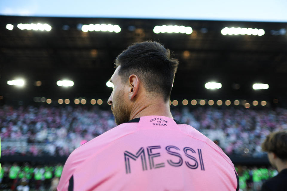 May 29, 2024; Fort Lauderdale, Florida, USA; Inter Miami CF forward Lionel Messi (10) stands on the field prior to the match against Atlanta United at Chase Stadium. Mandatory Credit: Nathan Ray Seebeck-USA TODAY Sports