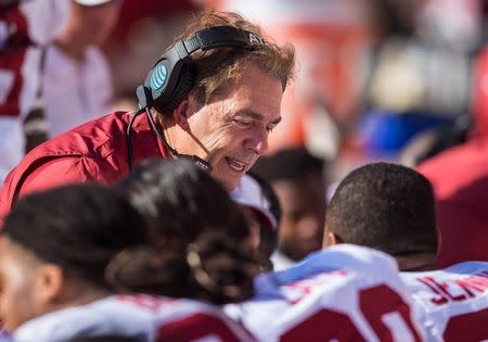 Oct 20, 2018; Knoxville, TN, USA; Alabama Crimson Tide head coach Nick Saban talks to his team in a game against the Tennessee Volunteers at Neyland Stadium. Mandatory Credit: Bryan Lynn-USA TODAY Sports