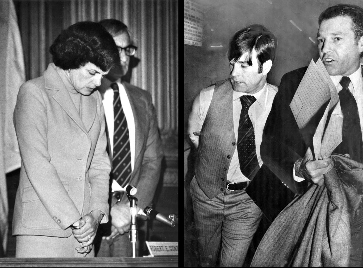 Dianne Feinstein in 1978, At right, San Francisco Supervisor Dan White, taken into police custody and charged with the murders of Moscone and Milk.