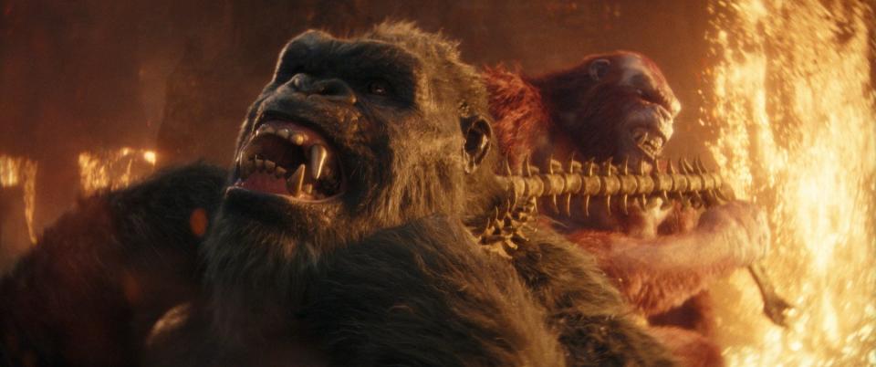 King Kong tries to break out of a stranglehold in a battle with his nemesis in "Godzilla x Kong: The New Empire," the new film from director Adam Wingard.
