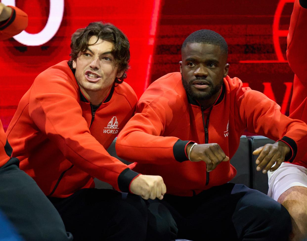 Taylor Fritz, left, and Frances Tiafoe, shown here at the 2022 Laver Cup, face off Friday night in a U.S. Open semifinal. The winner will try to become the first American man to capture a Grand Slam since Andy Roddick, in 2003.