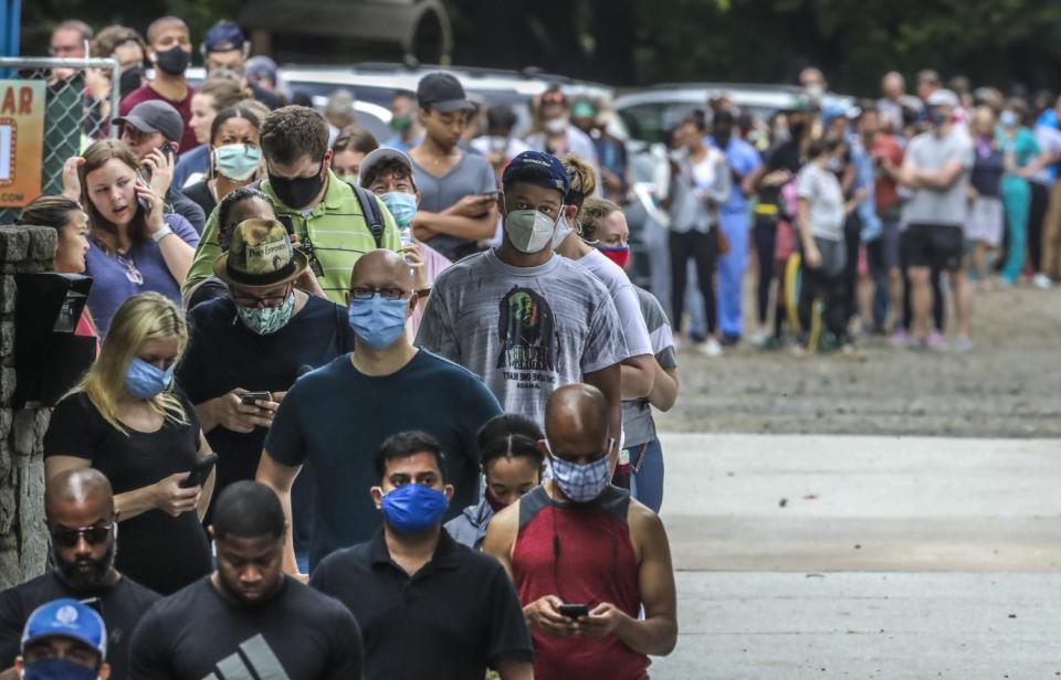 People stand in line to vote.