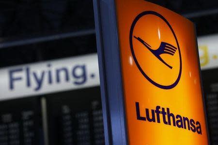 A Lufthansa airline logo is pictured in Frankfurt airport, Germany, November 6, 2015. REUTERS/Ralph Orlowski