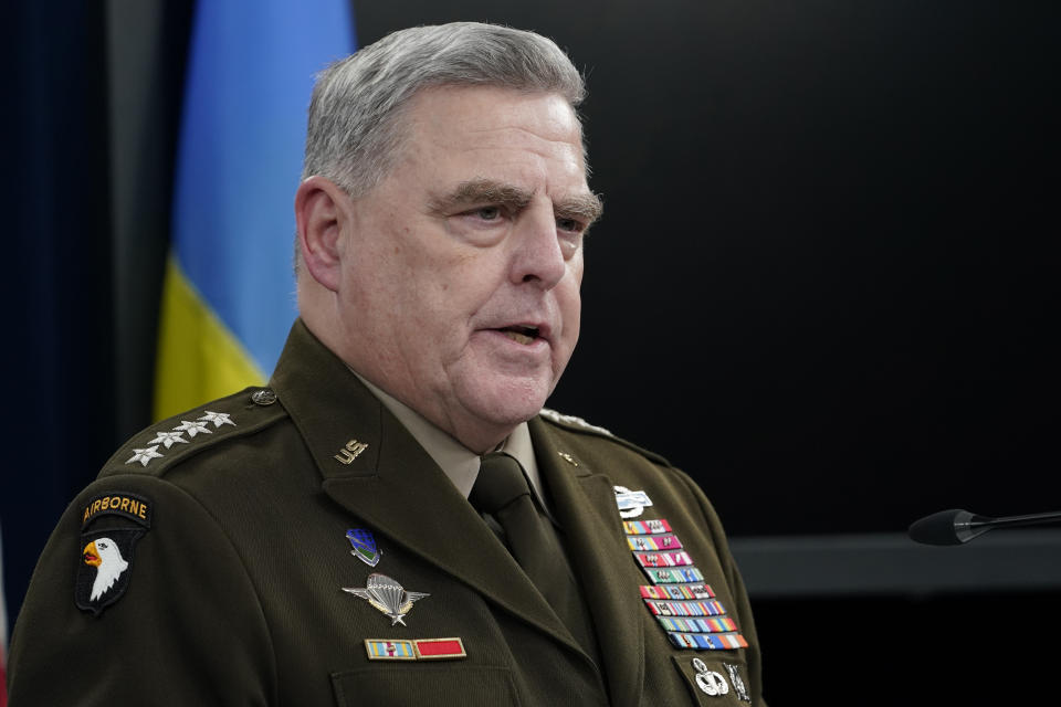 FILE - Joint Chiefs Chairman Gen. Mark Milley speaks during a briefing at the Pentagon in Washington on Nov. 16, 2022. The U.S. military's new, expanded combat training of Ukrainian forces began in Germany on Sunday, Jan. 15, 2023, with a goal of getting a battalion of about 500 troops back on the battlefield to fight the Russians in the next five to eight weeks, Milley said. (AP Photo/Susan Walsh, File)