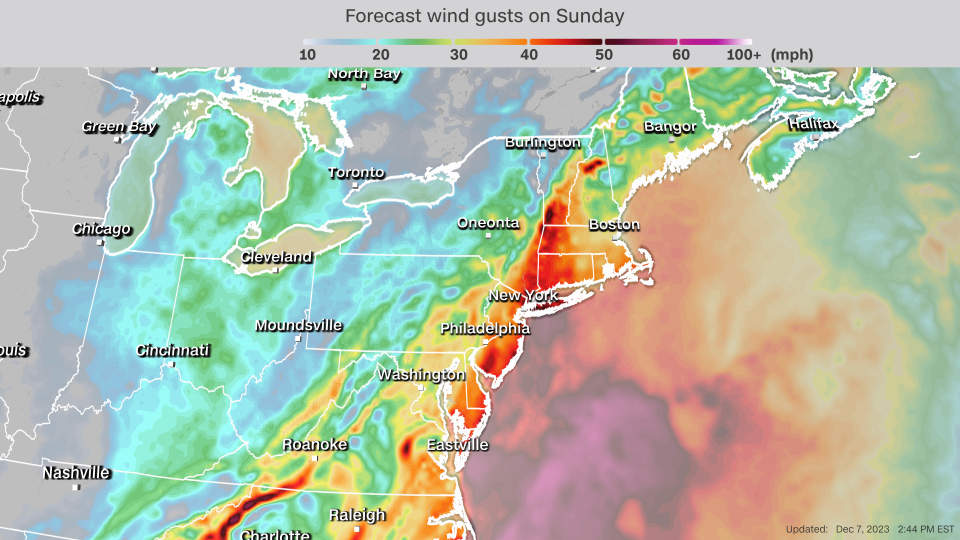 Forecast wind gusts are shown Sunday evening in the East. - CNN Weather