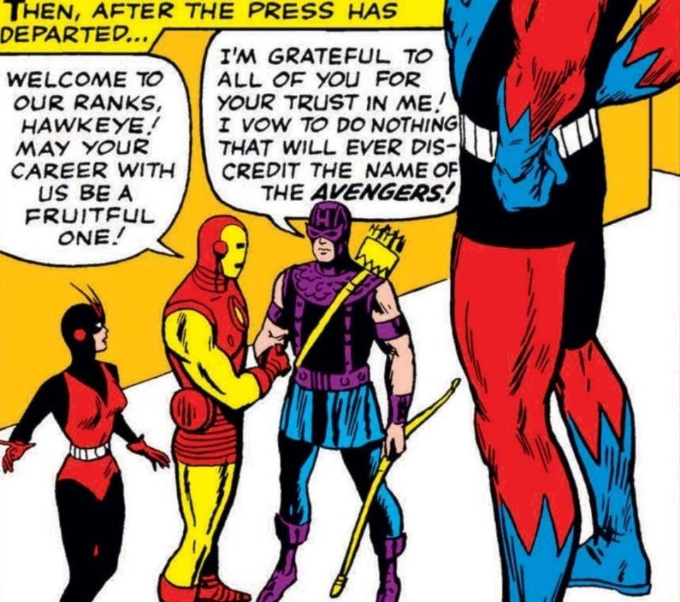 Hawkeye is inducted into the Avengers by Iron Man.