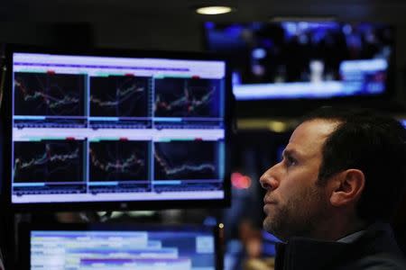 FILE PHOTO - A trader watches his screen on floor of the New York Stock Exchange (NYSE) shortly before the close of trading in New York, U.S., December 13, 2016. REUTERS/Lucas Jackson