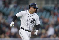 Detroit Tigers' Jake Rogers runs out a two-run double against the St. Louis Cardinals in the fourth inning of a baseball game in Detroit, Tuesday, June 22, 2021. (AP Photo/Paul Sancya)