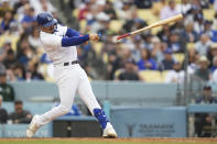 Los Angeles Dodgers' Miguel Vargas (17) loses his bat as he swings during the fifth inning of a baseball game in Los Angeles, Wednesday, May 31, 2023. (AP Photo/Ashley Landis)