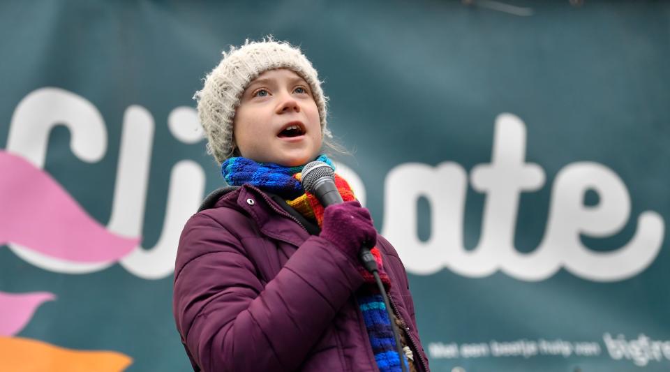 Swedish environmentalist Greta Thunberg speaks during a  "Youth Strike 4 Climate" protest march on March 6, 2020 in Brussels. (Photo by JOHN THYS / AFP) (Photo by JOHN THYS/AFP via Getty Images)