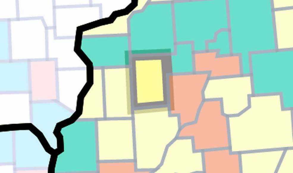 Knox County improved to medium transmission rate for COVID-19. Counties colored yellow are medium transmission, while blue counties are low transmission. Orange counties show high transmission rates.