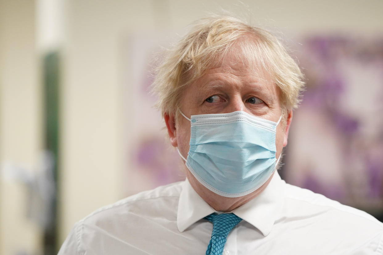 Prime Minister Boris Johnson during a visit to the Kent Oncology Centre at Maidstone Hospital in Kent. Picture date: Monday February 7, 2022.