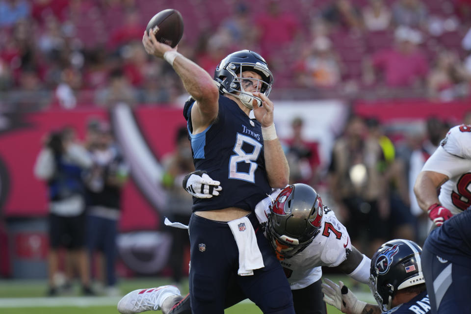 Tampa Bay Buccaneers linebacker Shaquil Barrett (7) hits Tennessee Titans quarterback Will Levis (8) as he throws the ball during the second half of an NFL football game Sunday, Nov. 12, 2023, in Tampa, Fla. (AP Photo/Chris O'Meara)