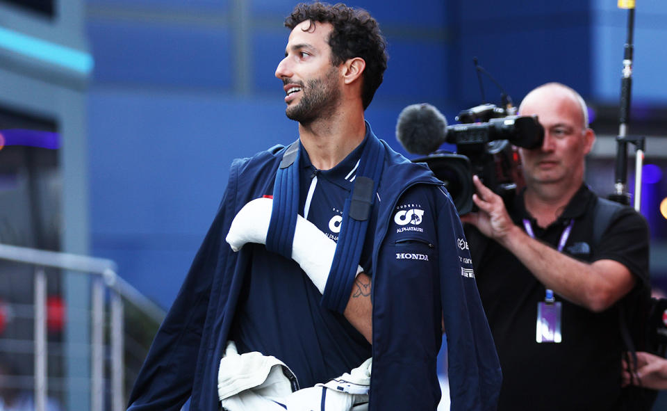 Daniel Ricciardo, pictured here with a cast on his hand after crashing at the Belgian Grand Prix. 