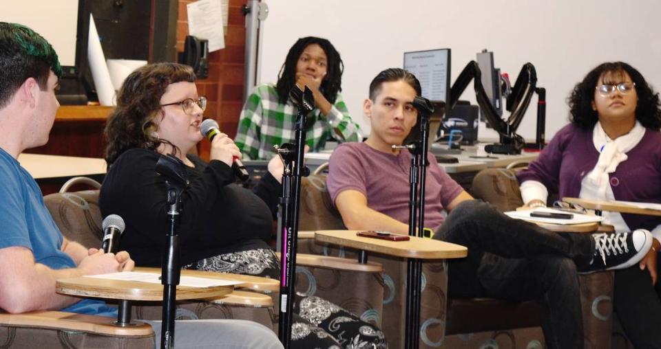 Modesto Junior College students who spoke about housing segregation on Oct. 23, 2023, included (from left) Robin Siefkin, Brianna Leigh, Kalvin Douglas, Jaime Venegas and Kiarra Dixon.