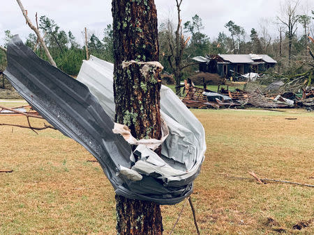 A piece of metal is seen wrapped around a tree following a tornado in Beauregard, Alabama, U.S. in this March 3, 2019 still image obtained from social media video on March 4, 2019. SCOTT FILLMER /via REUTERS