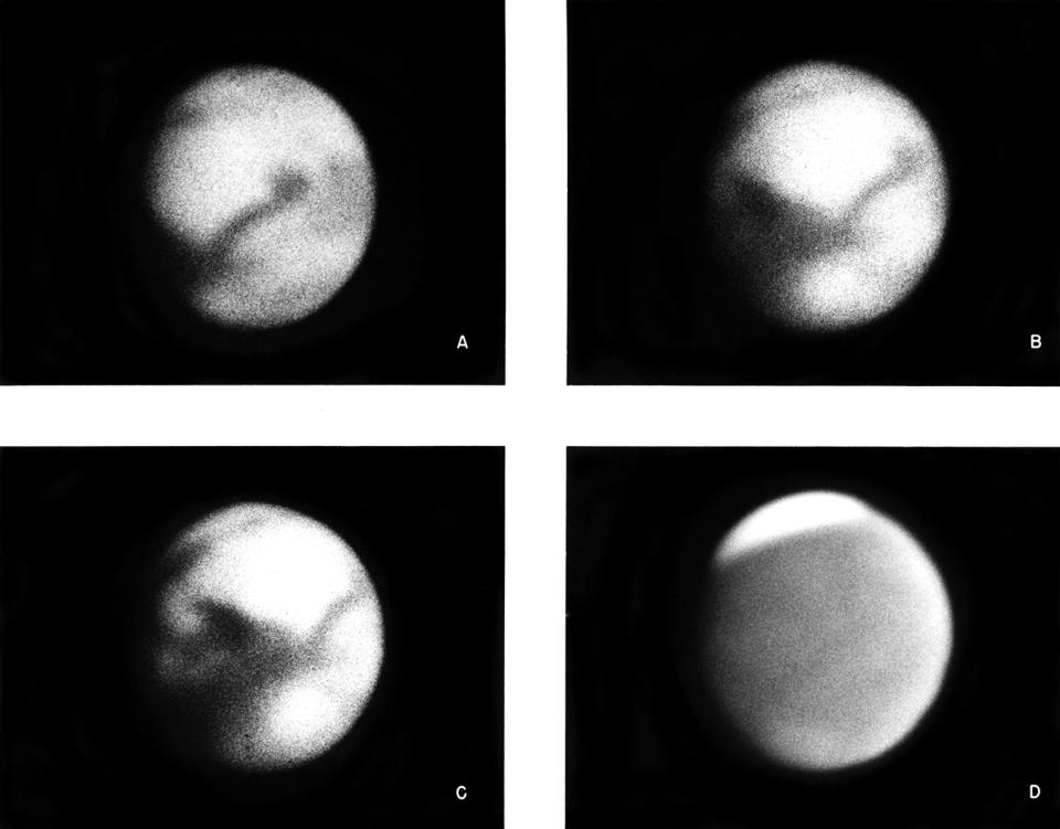 Mount Wilson and Plaomar Observatories Mars views a, b, c taken in red light showing rotation; d) taken in blue light. Cat # 272 Taken with Palomar Observatories 100 inch telescope.