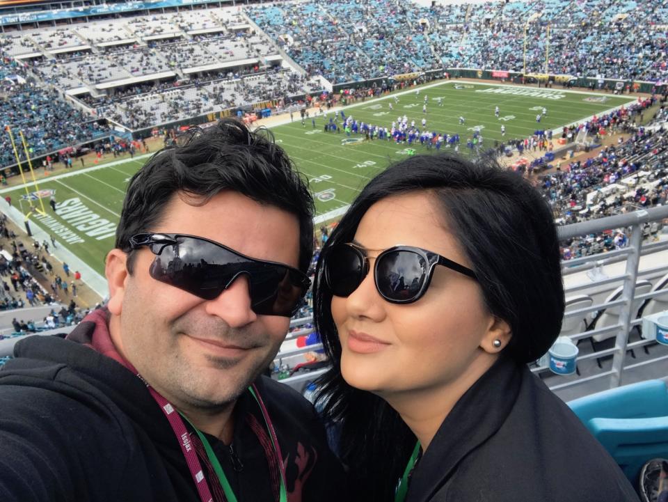 Ayad Shamsaldin and his wife Rana take in their first football game at Sunday’s AFC wild-card contest between the Jaguars and Bills. (Courtesy of Ayad Shamsaldin)