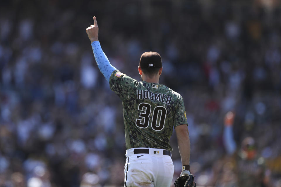 San Diego Padres first baseman Eric Hosmer raises a finger after the team beat the Cincinnati Reds in a baseball game Sunday, June 20, 2021, in San Diego. (AP Photo/Derrick Tuskan)