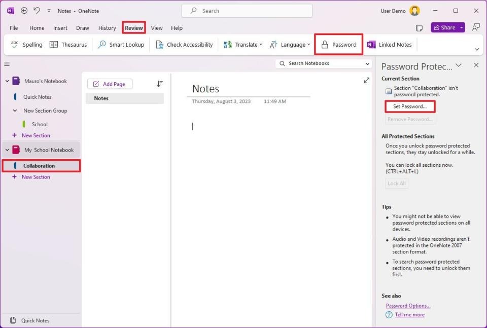 OneNote set password