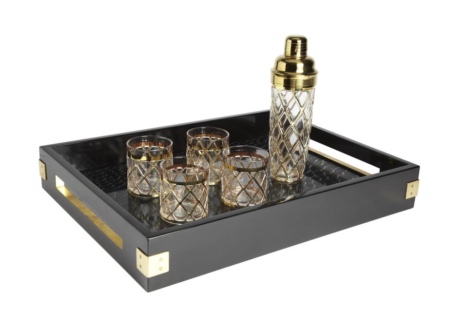 <b>Altuzarra for Target + Neiman Marcus Holiday Collection Shaker, Double Old Fashioned Glasses, and Tray </b><br><br> Glasses Price: $49.99 (set of 3) <br><br> Shaker Price: $49.99<br><br> Tray Price: $79.99<br><br>
