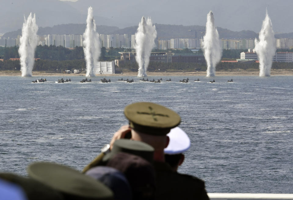 South Korean marine participate in the 73rd anniversary of Armed Forces Day in Pohang, South Korea Friday, Oct. 1, 2021. (Song Kyung-Seok/Pool Photo via AP)