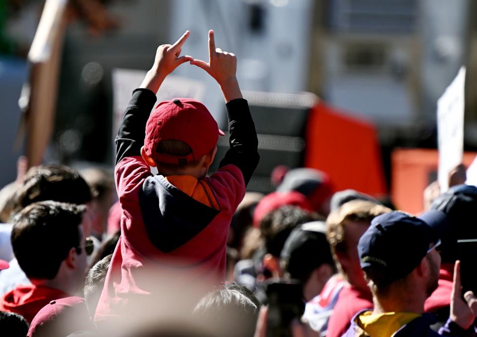 A young Utah fan holds up his “U” during the Pat McAfee Show at the University of Utah on Friday, Oct. 27, 2023. | Scott G Winterton, Deseret News