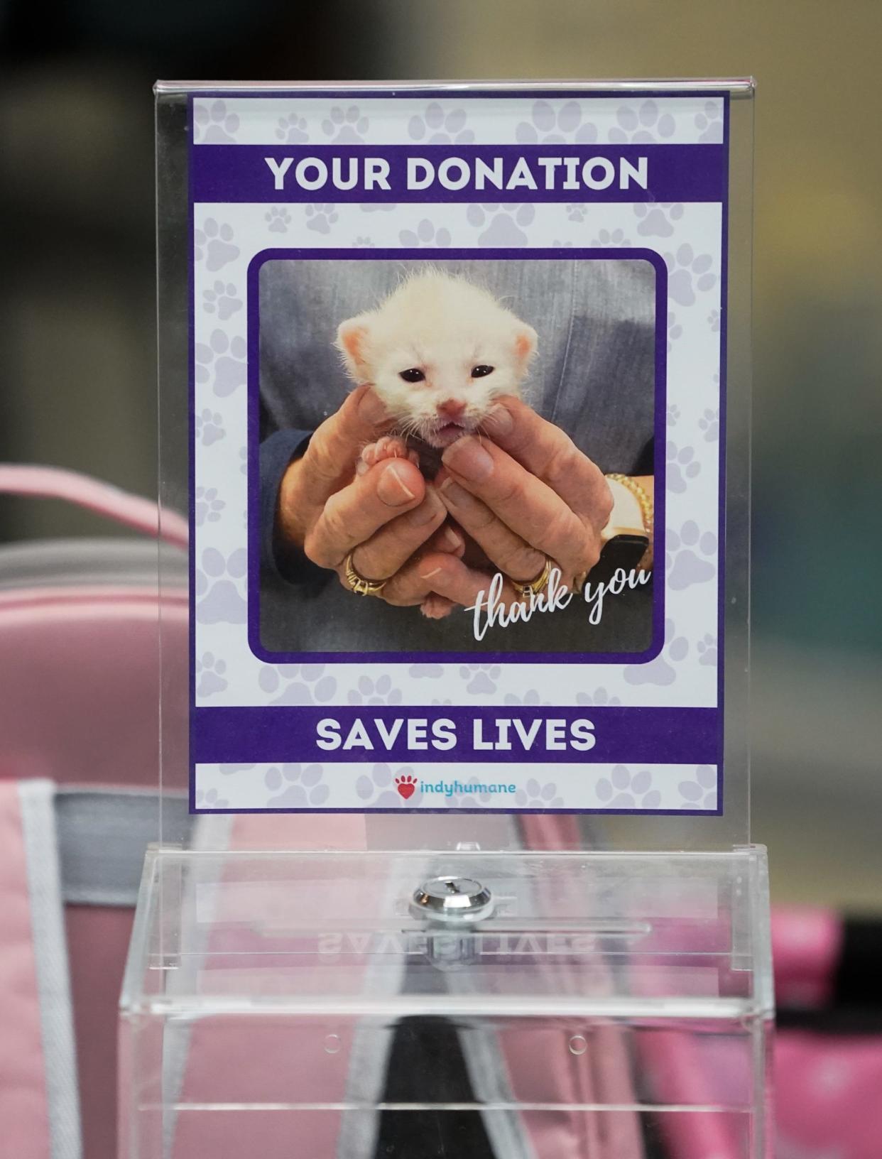 A donation canister sits at IndyHumane on Thursday, March 7, 2024, in Indianapolis.