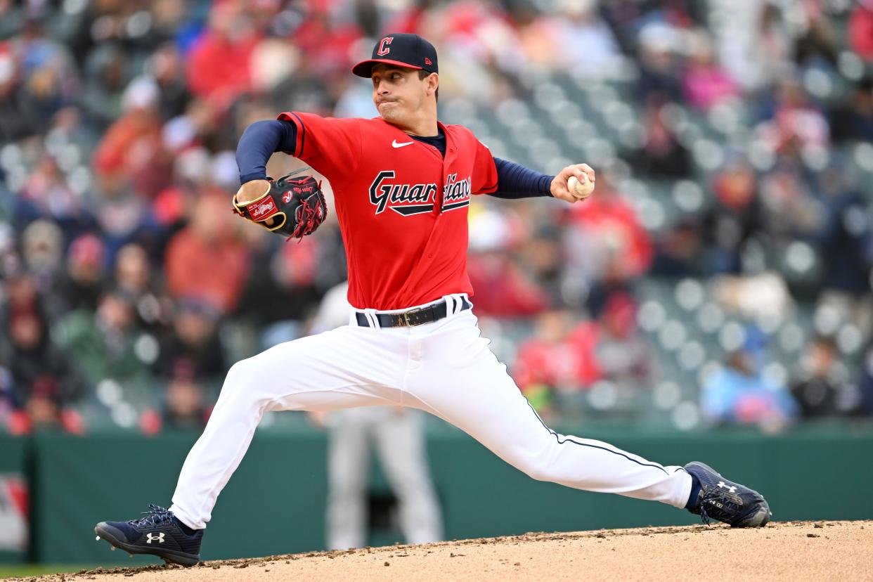 Cleveland Guardians starting pitcher Logan Allen, in his major league debut, delivers during the third inning of a baseball game against the Miami Marlins, Sunday, April 23, 2023, in Cleveland.