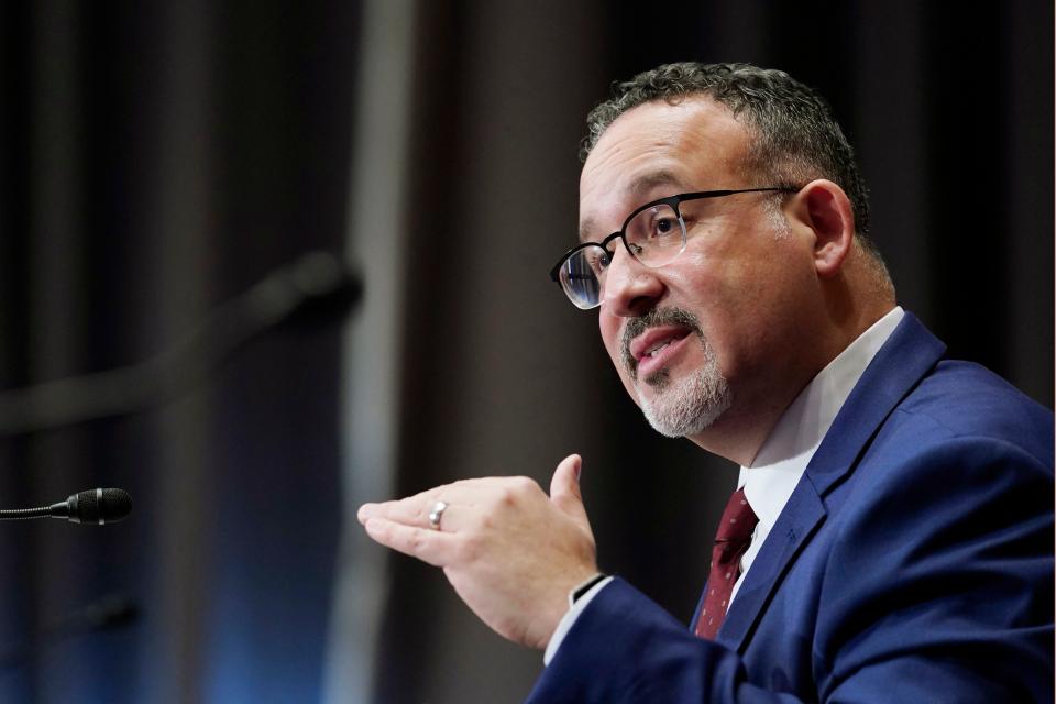 Education Secretary nominee Miguel Cardona testifies before the Senate Health, Education, Labor and Pensions committee during his confirmation hearing on Capitol Hill in Washington, DC, on February 3, 2021. (Photo by Susan Walsh / POOL / AFP) (Photo by SUSAN WALSH/POOL/AFP via Getty Images)