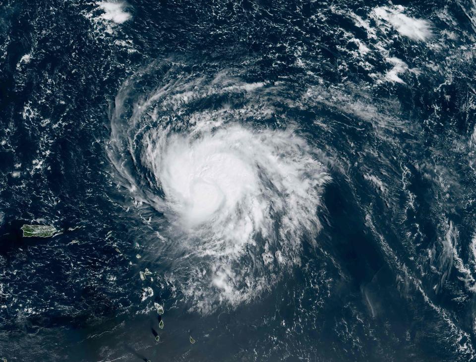 A satellite image from NOAA shows Category 3 Hurricane Lee in the Atlanic Oean on 9 September. (NOAA/GOES/AFP via Getty Images)