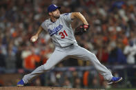 Los Angeles Dodgers' Max Scherzer pitches against the San Francisco Giants during the ninth inning of Game 5 of a baseball National League Division Series Thursday, Oct. 14, 2021, in San Francisco. (AP Photo/John Hefti)