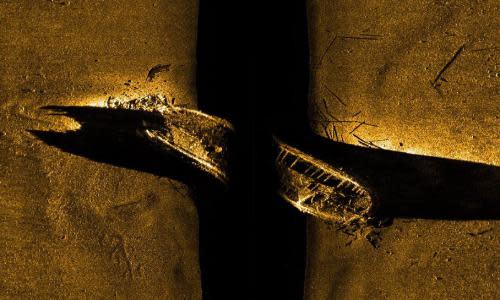 A side-scan sonar image of a ship the HMS Erebus vessel.