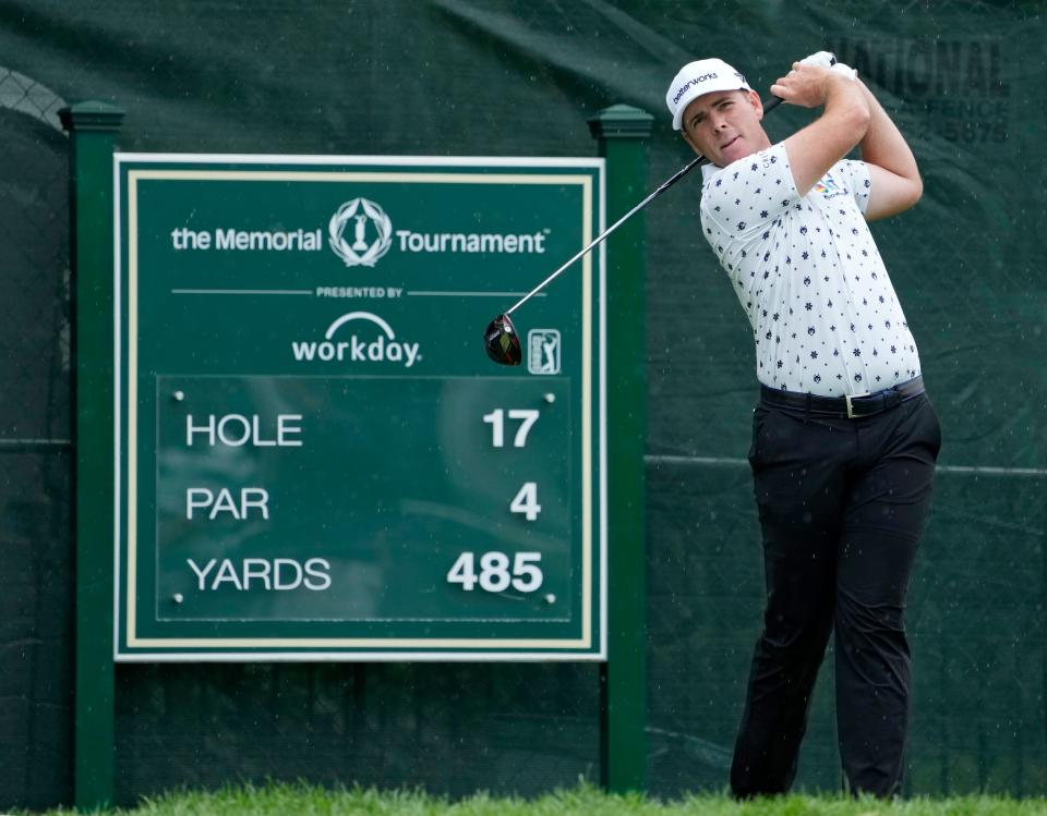 June 2, 2022; Dublin, Ohio, USA; Luke List drives from the tee box on Hole 17 during the first round of the Memorial Tournament held at Muirfield Village Golf Club in Dublin, Ohio, on June 2, 2022. Mandatory Credit: Barbara J. Perenic/Columbus Dispatch