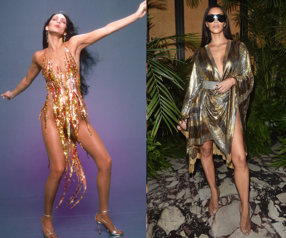 Talk about 24 karat magic! Cher and West shine in revealing metallic looks