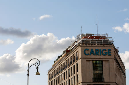 FILE PHOTO: The logo of Carige bank is seen in Rome, Italy, April 9 2016. REUTERS/Alessandro Bianchi/File Photo