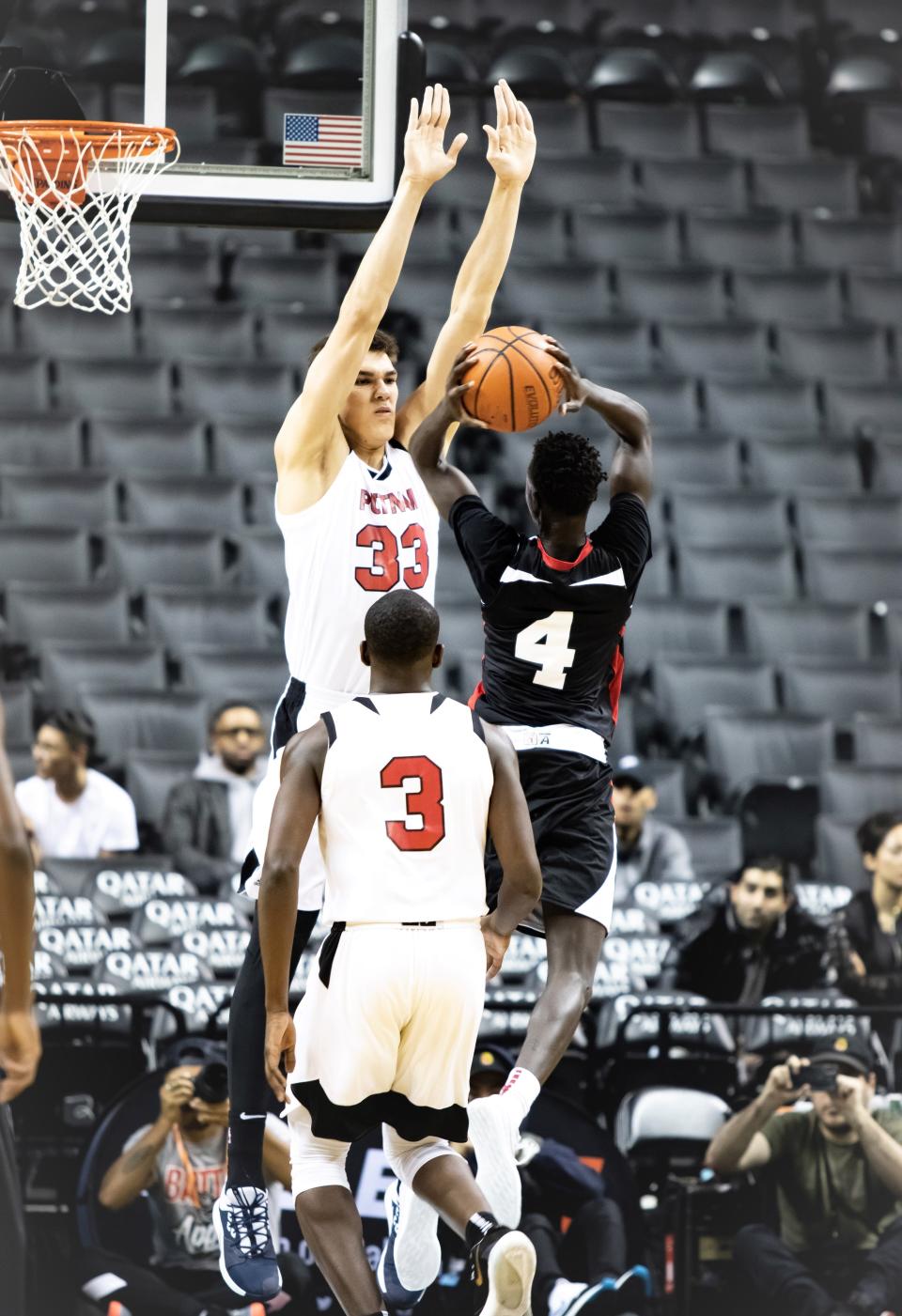 Florida Atlantic's Vlad Goldin goes up to block a shot for Putnam Science Academy during the Mustangs' 2020 prep national championship season.