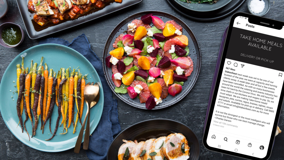 Birds eye view of Blakes Feast gourmet buffet spread and a screenshot of the Instagram post.