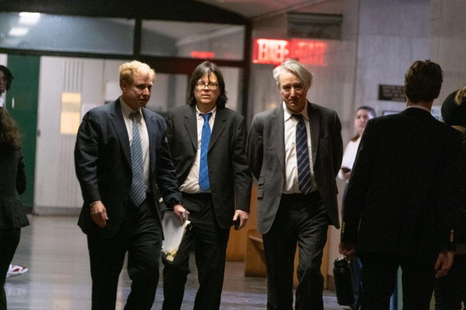 Craig Inciardi, Edward Kosinski and Glenn Horowitz outside the courtroom in Manhattan Supreme Court. The three allegedly attempted to sell stolen “Hotel California” lyrics back to Eagles frontman Don Henley. Gabriella Bass