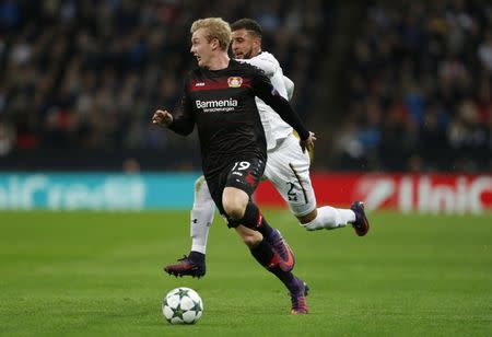 Bayer Leverkusen's Julian Brandt in action with Tottenham's Kyle Walker. Tottenham Hotspur v Bayer Leverkusen - UEFA Champions League Group Stage - Group E - Wembley Stadium, London, England - 2/11/16. Action Images via Reuters / Matthew Childs Livepic